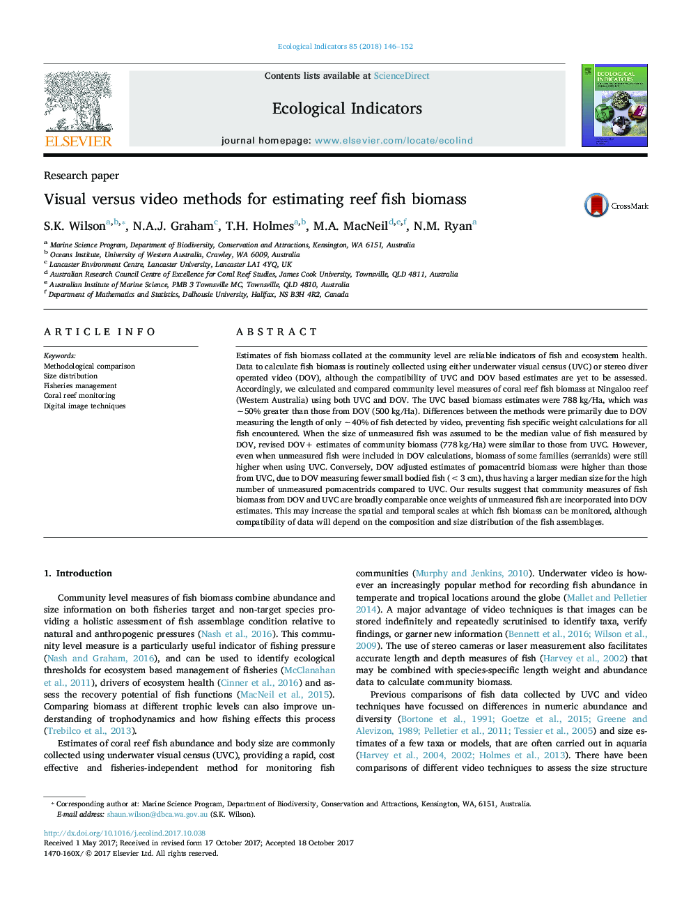 Visual versus video methods for estimating reef fish biomass