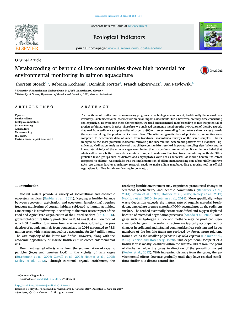 Metabarcoding of benthic ciliate communities shows high potential for environmental monitoring in salmon aquaculture