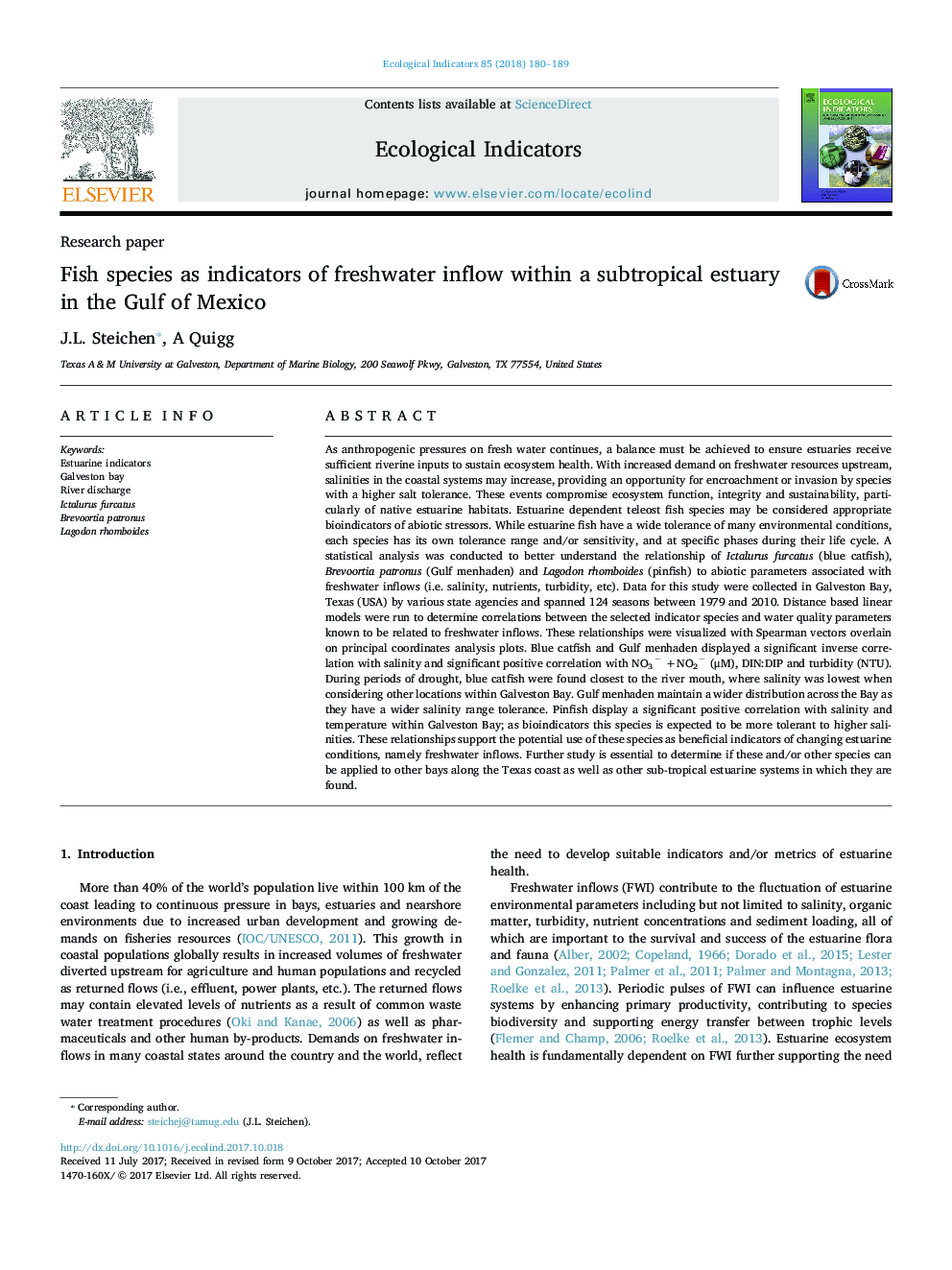 Fish species as indicators of freshwater inflow within a subtropical estuary in the Gulf of Mexico