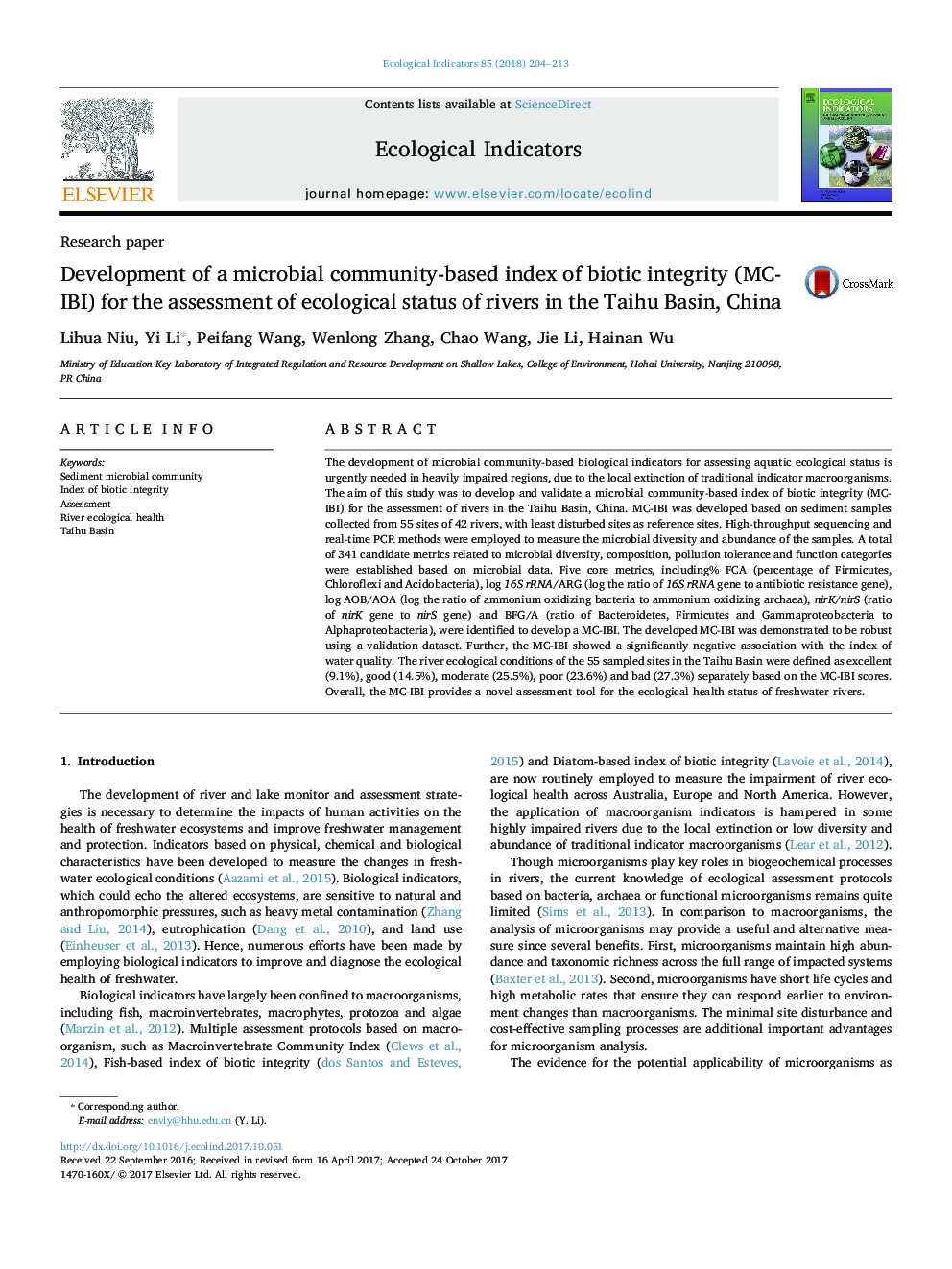 Development of a microbial community-based index of biotic integrity (MC-IBI) for the assessment of ecological status of rivers in the Taihu Basin, China