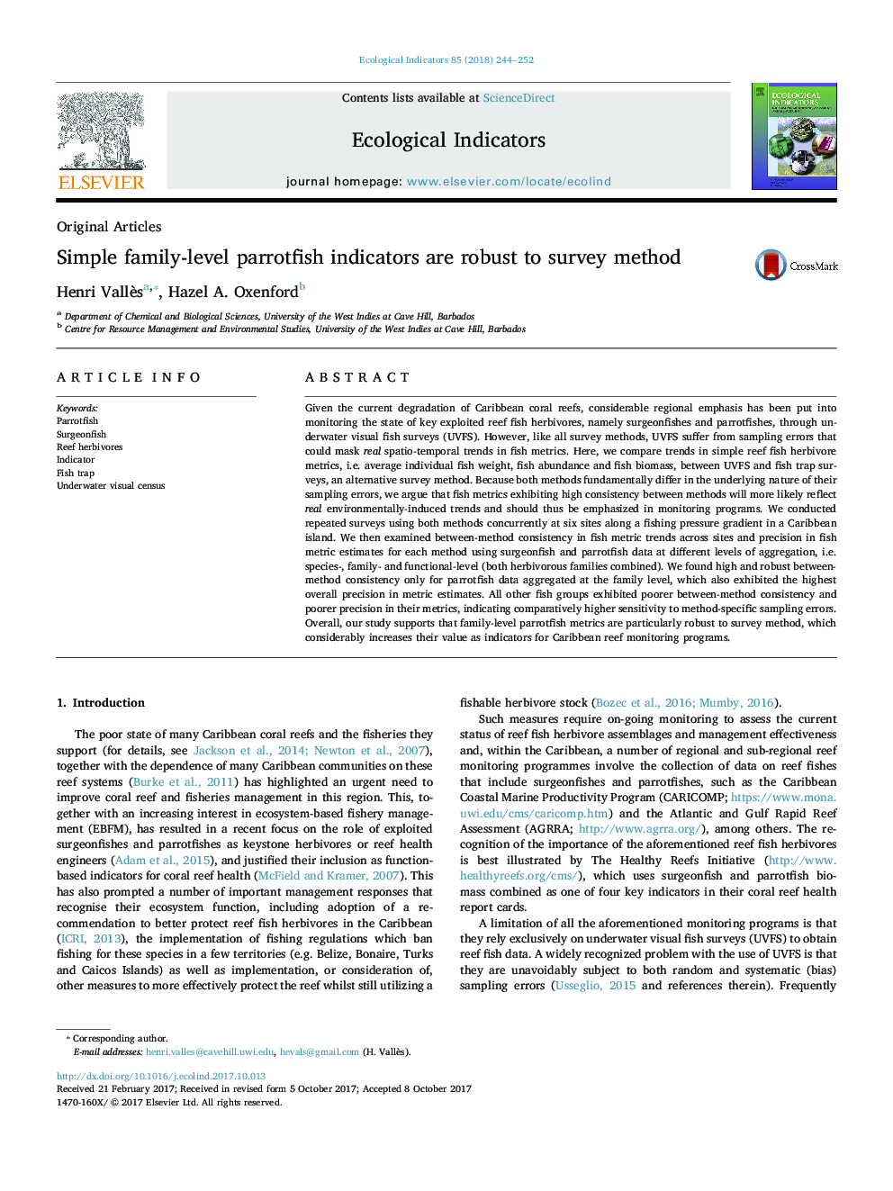 Simple family-level parrotfish indicators are robust to survey method