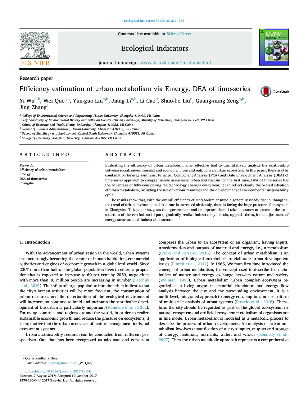 Efficiency estimation of urban metabolism via Emergy, DEA of time-series