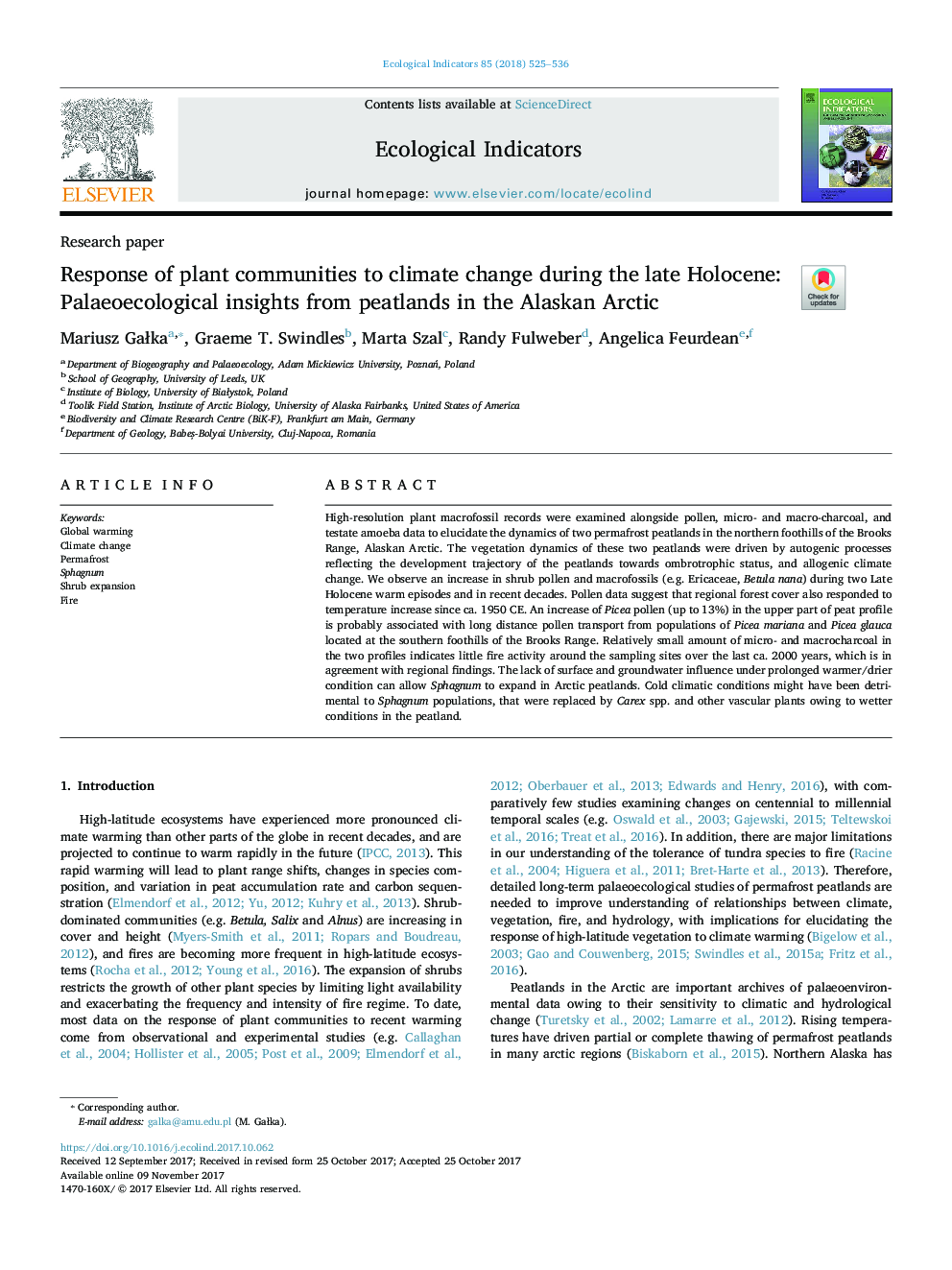 Response of plant communities to climate change during the late Holocene: Palaeoecological insights from peatlands in the Alaskan Arctic