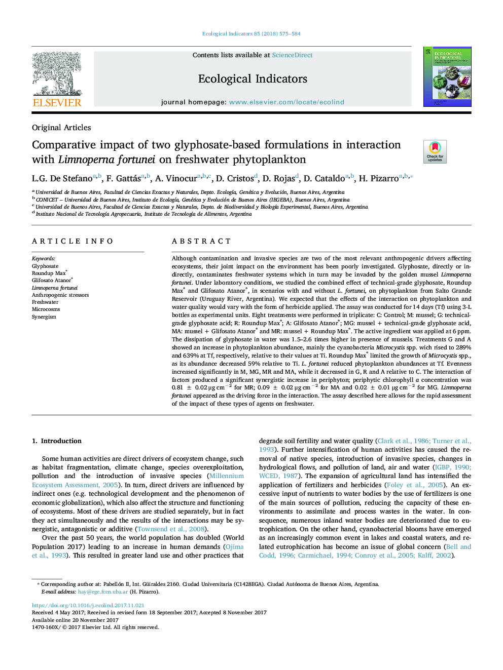Comparative impact of two glyphosate-based formulations in interaction with Limnoperna fortunei on freshwater phytoplankton