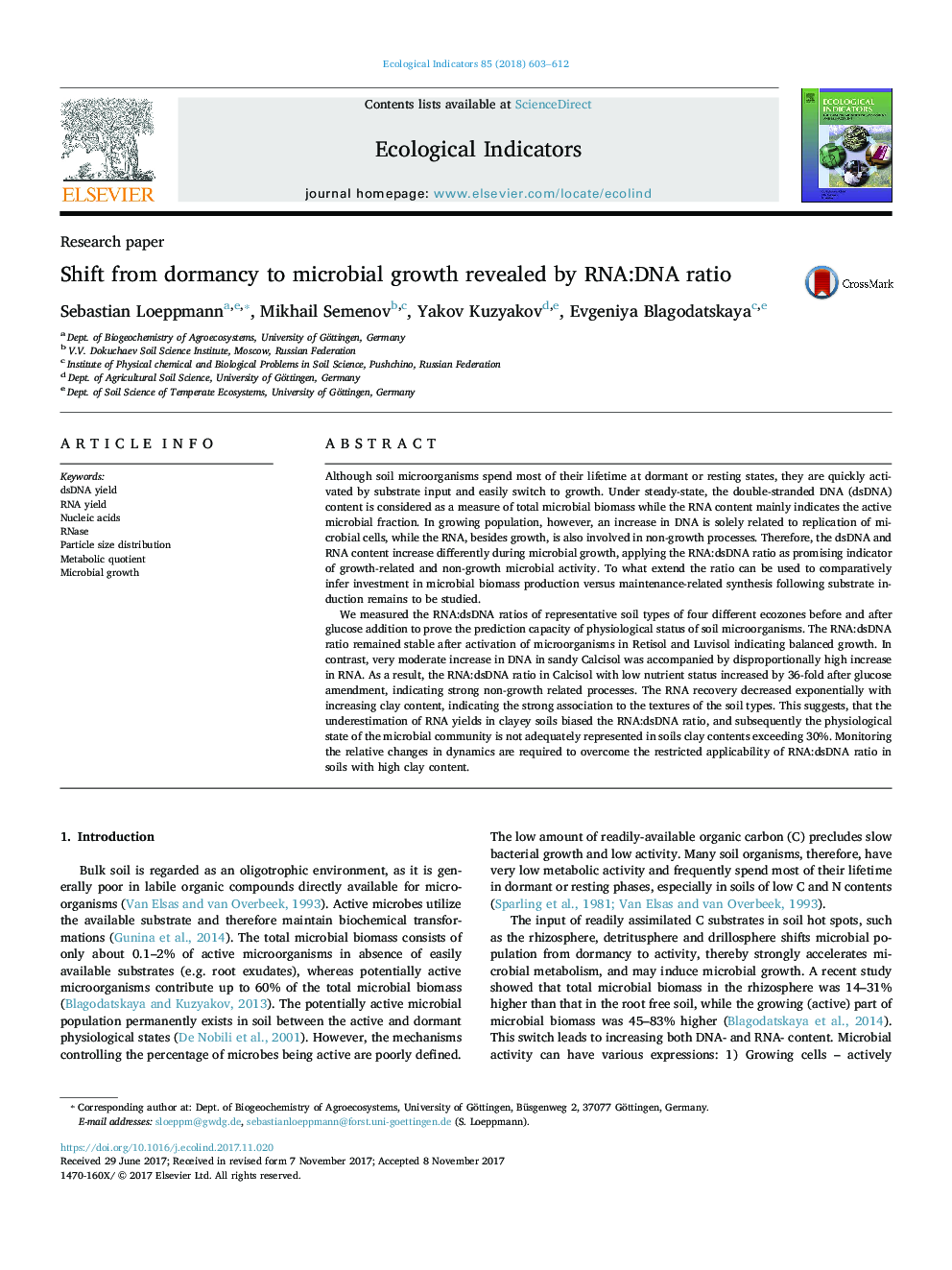 Shift from dormancy to microbial growth revealed by RNA:DNA ratio