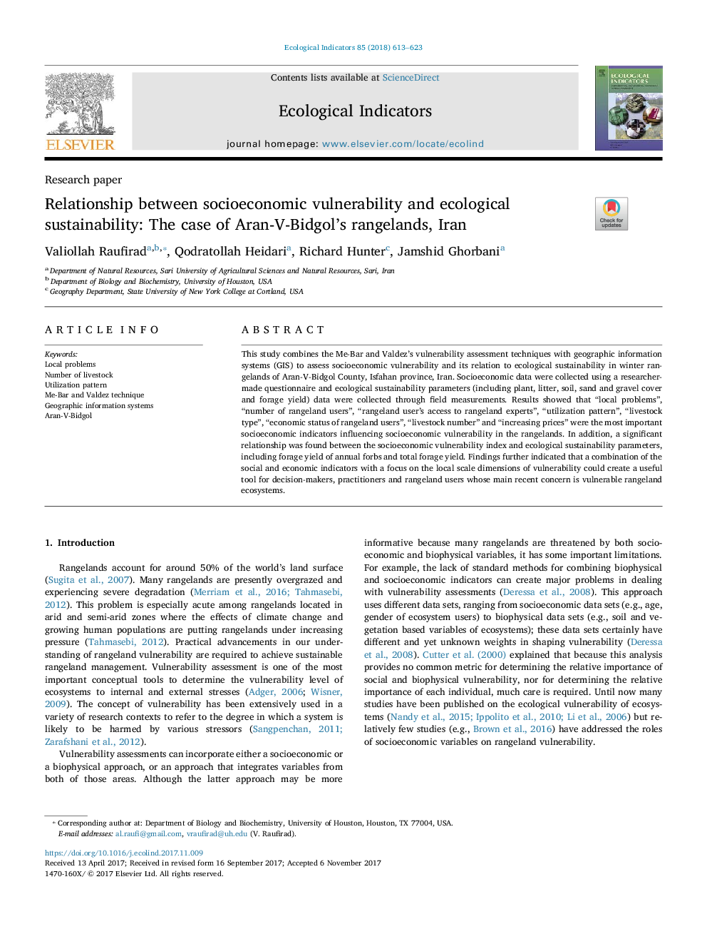 Relationship between socioeconomic vulnerability and ecological sustainability: The case of Aran-V-Bidgol's rangelands, Iran