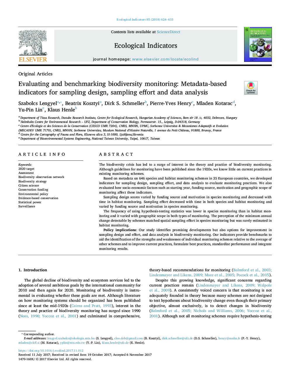 Evaluating and benchmarking biodiversity monitoring: Metadata-based indicators for sampling design, sampling effort and data analysis