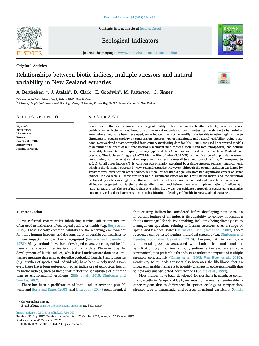 Relationships between biotic indices, multiple stressors and natural variability in New Zealand estuaries