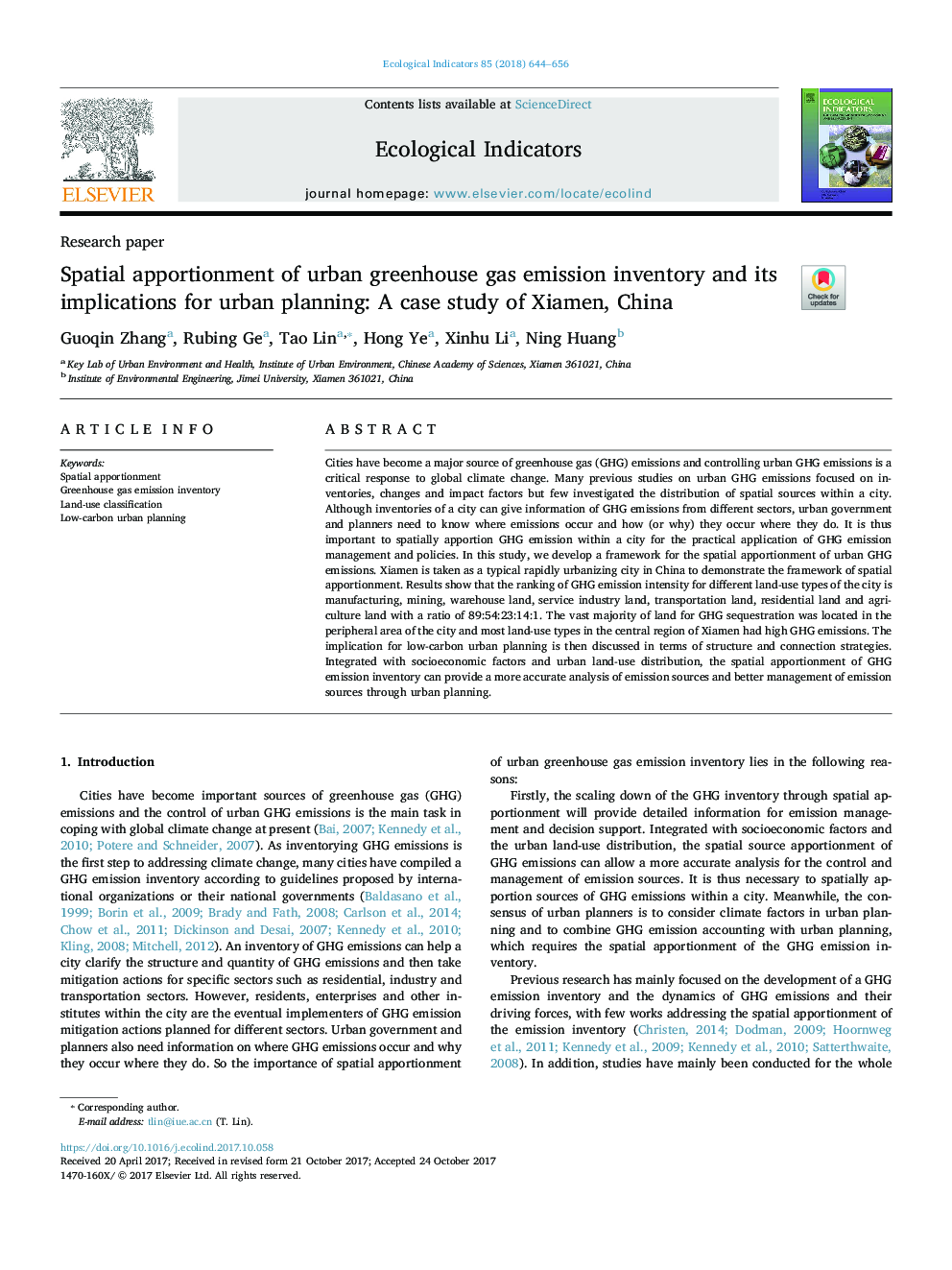 Spatial apportionment of urban greenhouse gas emission inventory and its implications for urban planning: A case study of Xiamen, China