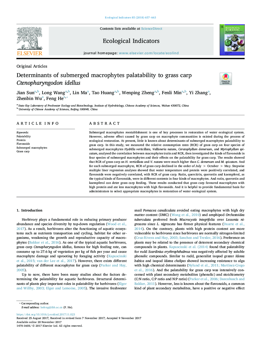 Determinants of submerged macrophytes palatability to grass carp Ctenopharyngodon idellus