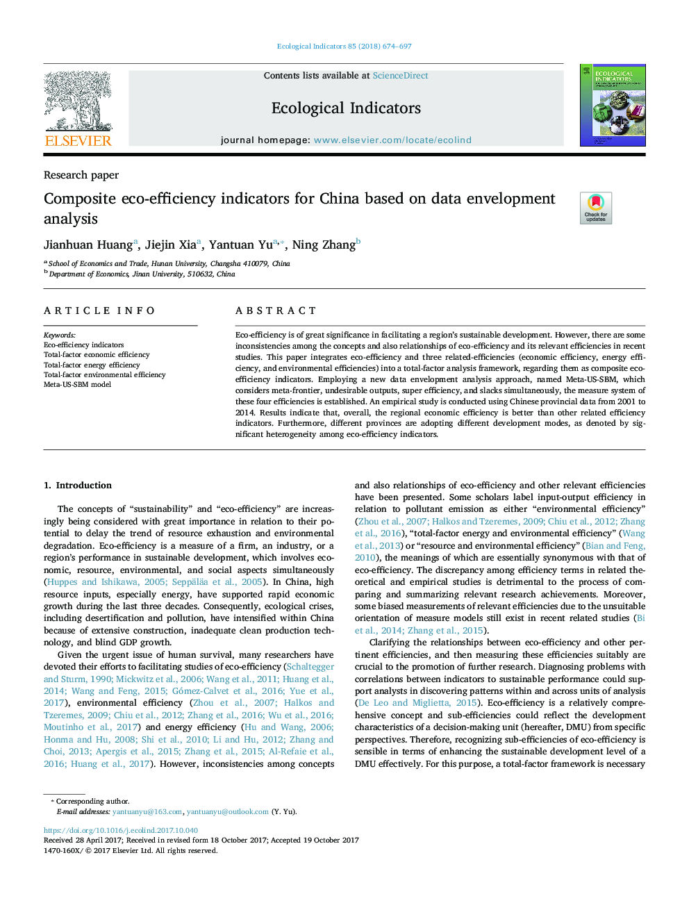 Composite eco-efficiency indicators for China based on data envelopment analysis