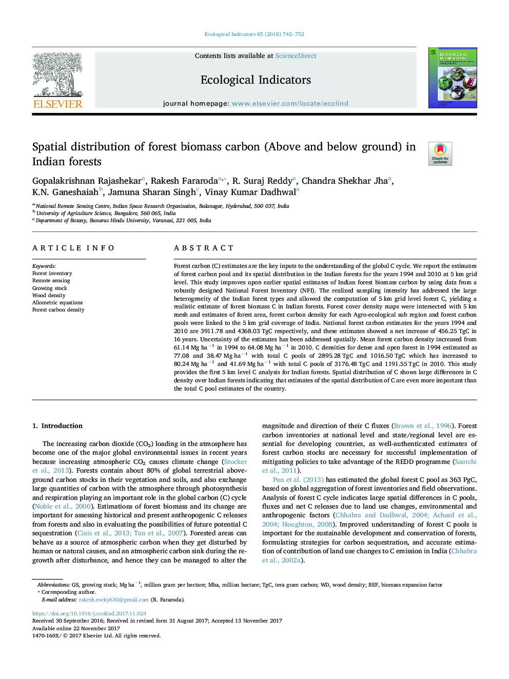 Spatial distribution of forest biomass carbon (Above and below ground) in Indian forests