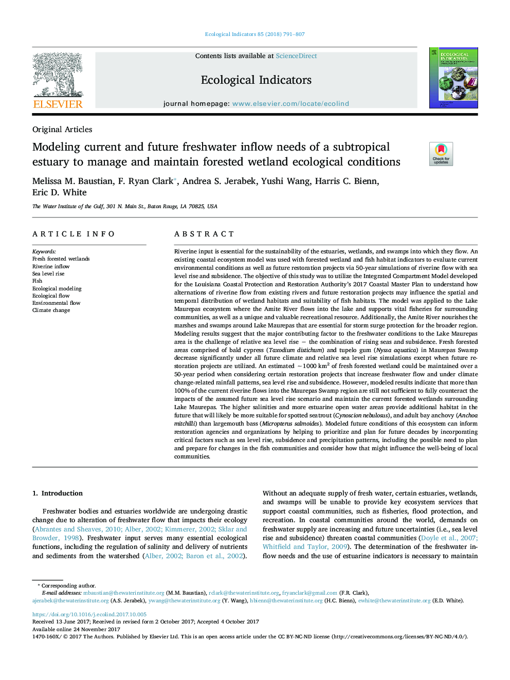 Modeling current and future freshwater inflow needs of a subtropical estuary to manage and maintain forested wetland ecological conditions