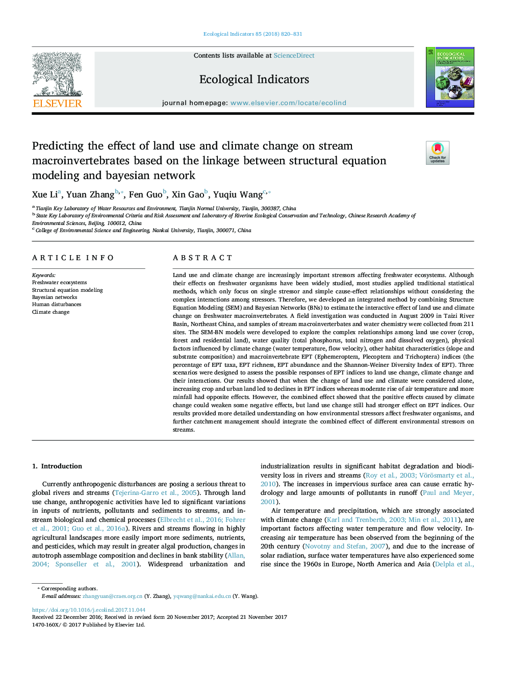 Predicting the effect of land use and climate change on stream macroinvertebrates based on the linkage between structural equation modeling and bayesian network