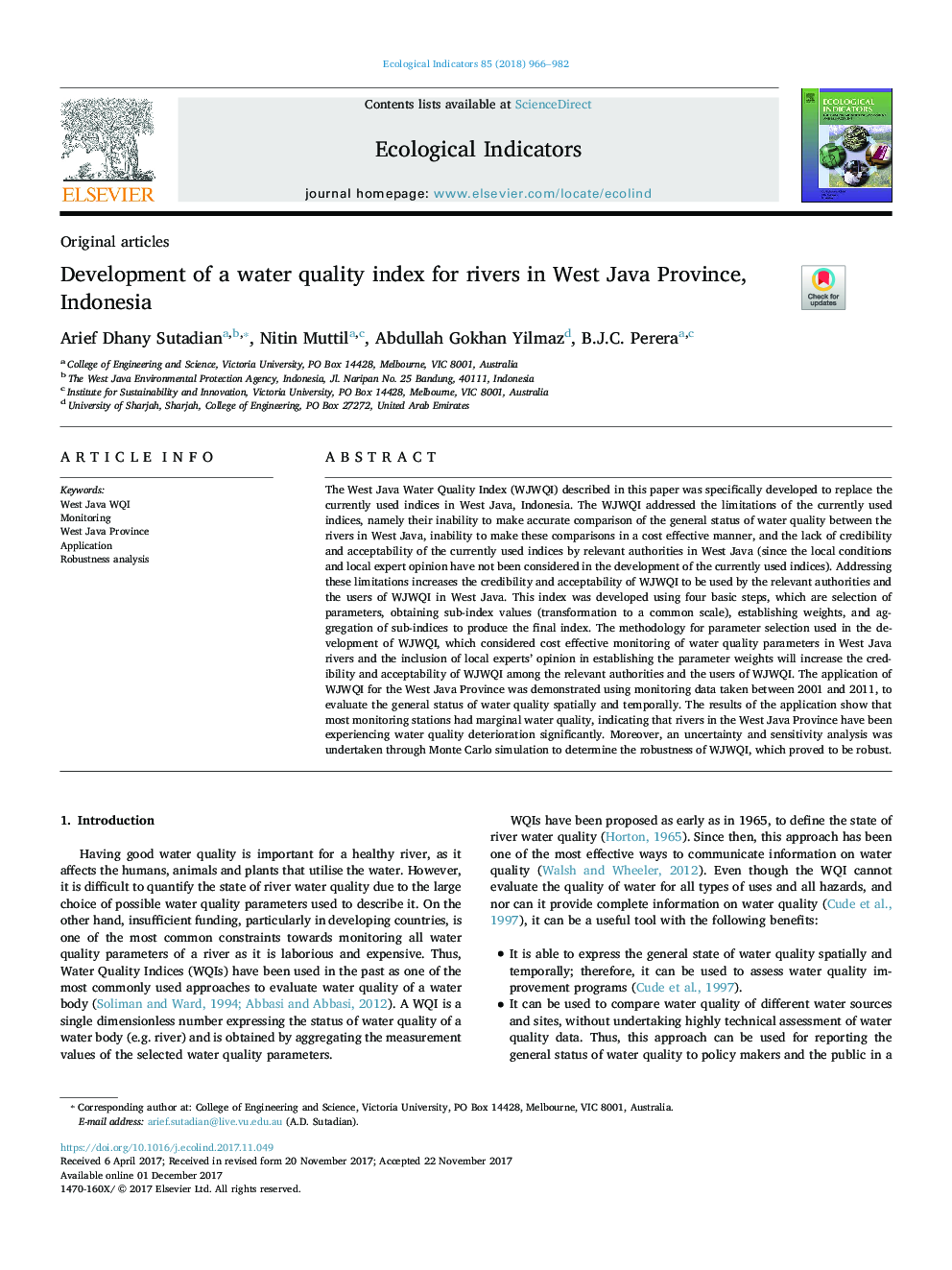 Development of a water quality index for rivers in West Java Province, Indonesia