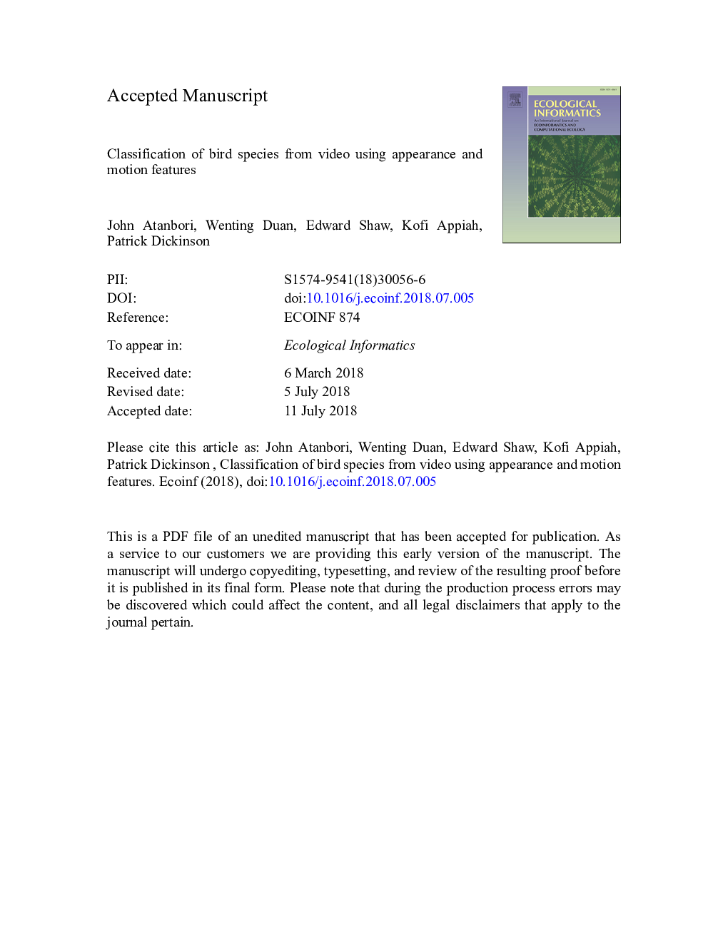 Classification of bird species from video using appearance and motion features