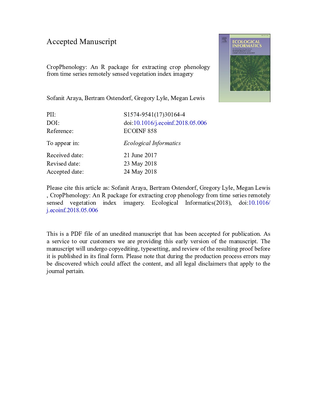 CropPhenology: An R package for extracting crop phenology from time series remotely sensed vegetation index imagery