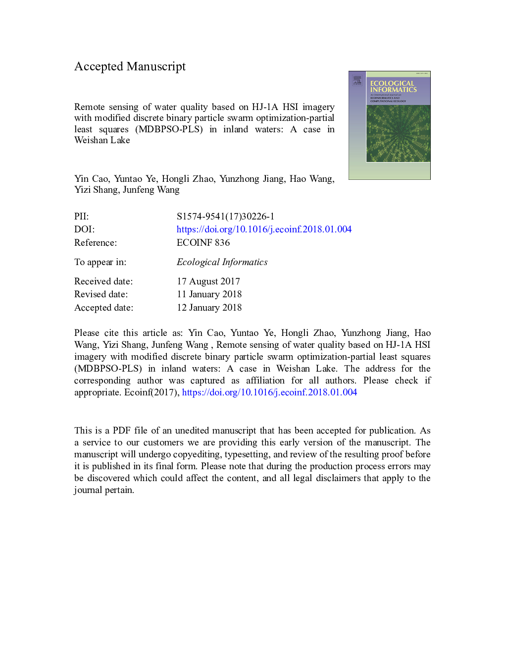 Remote sensing of water quality based on HJ-1A HSI imagery with modified discrete binary particle swarm optimization-partial least squares (MDBPSO-PLS) in inland waters: A case in Weishan Lake