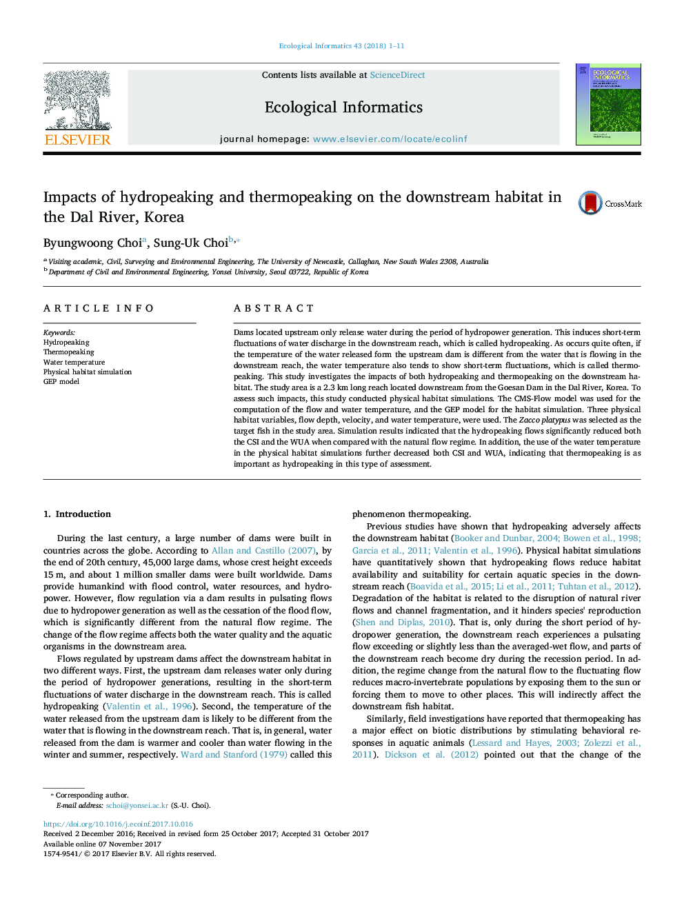 Impacts of hydropeaking and thermopeaking on the downstream habitat in the Dal River, Korea