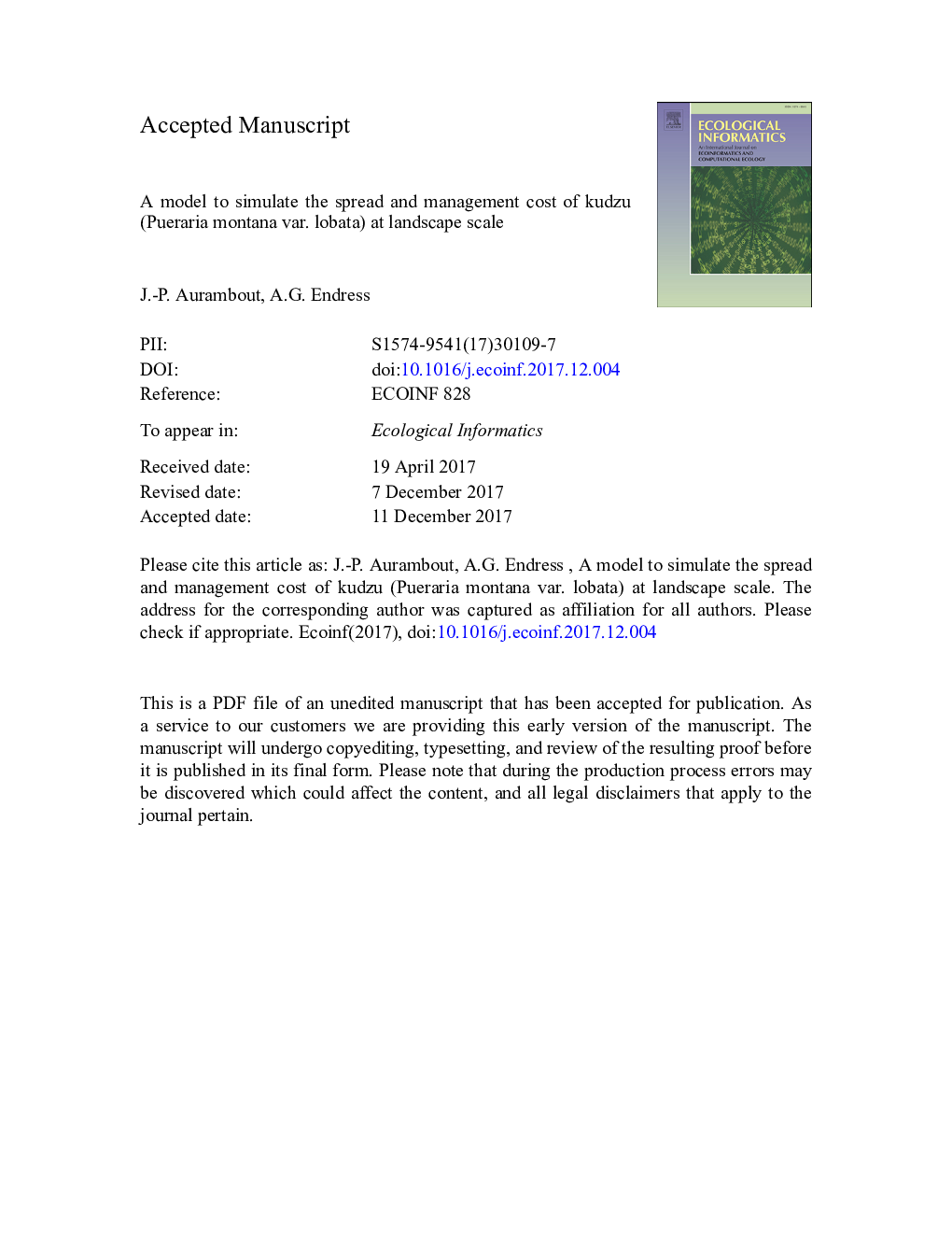 A model to simulate the spread and management cost of kudzu (Pueraria montana var. lobata) at landscape scale