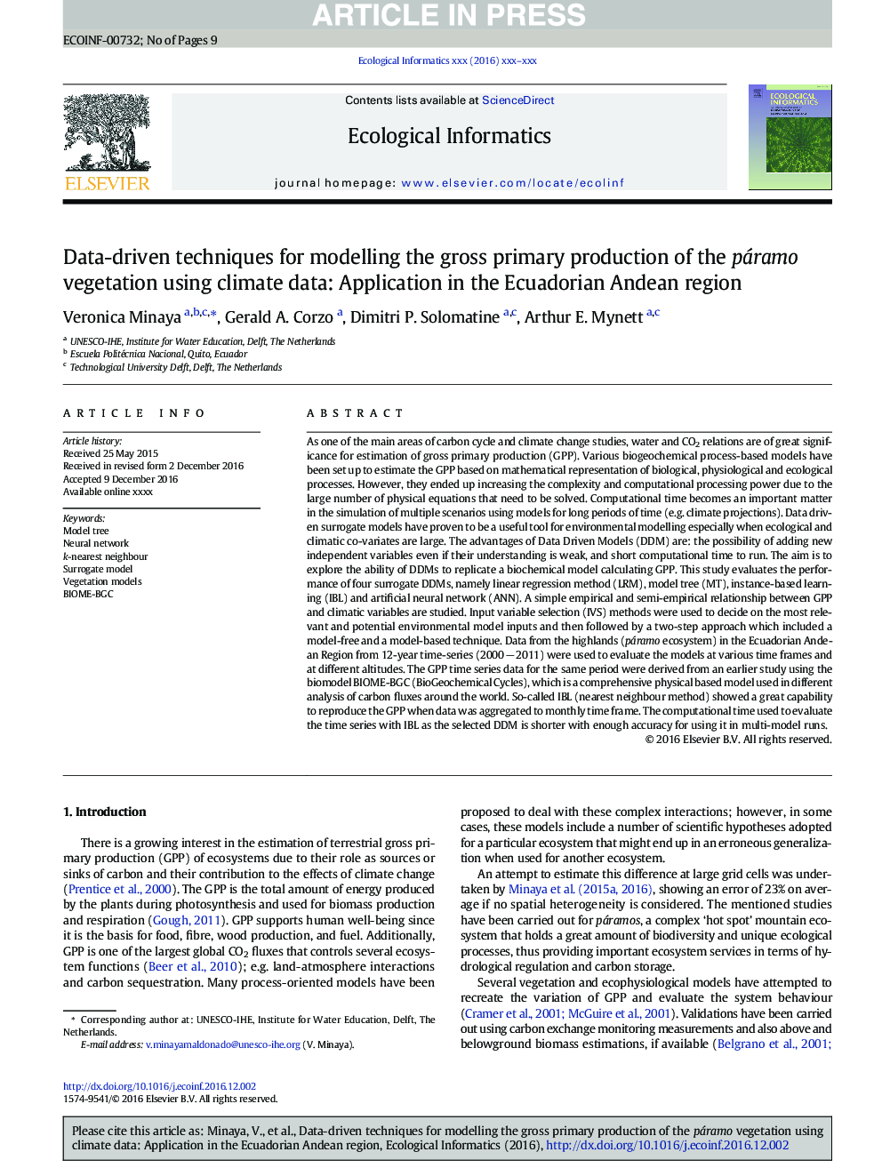 Data-driven techniques for modelling the gross primary production of the páramo vegetation using climate data: Application in the Ecuadorian Andean region