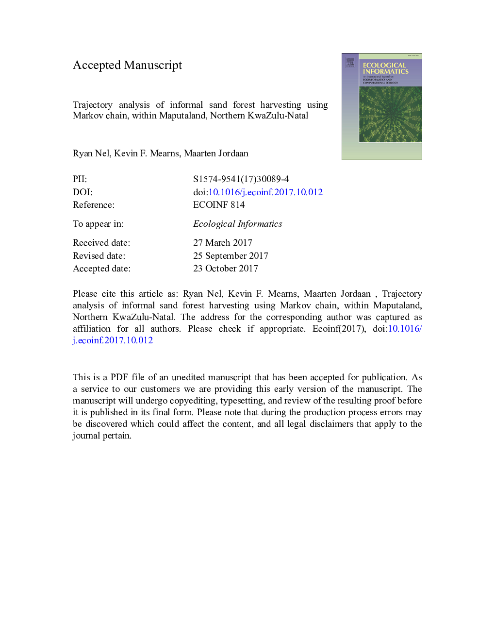 Trajectory analysis of informal Sand Forest harvesting using Markov chain, within Maputaland, Northern KwaZulu-Natal