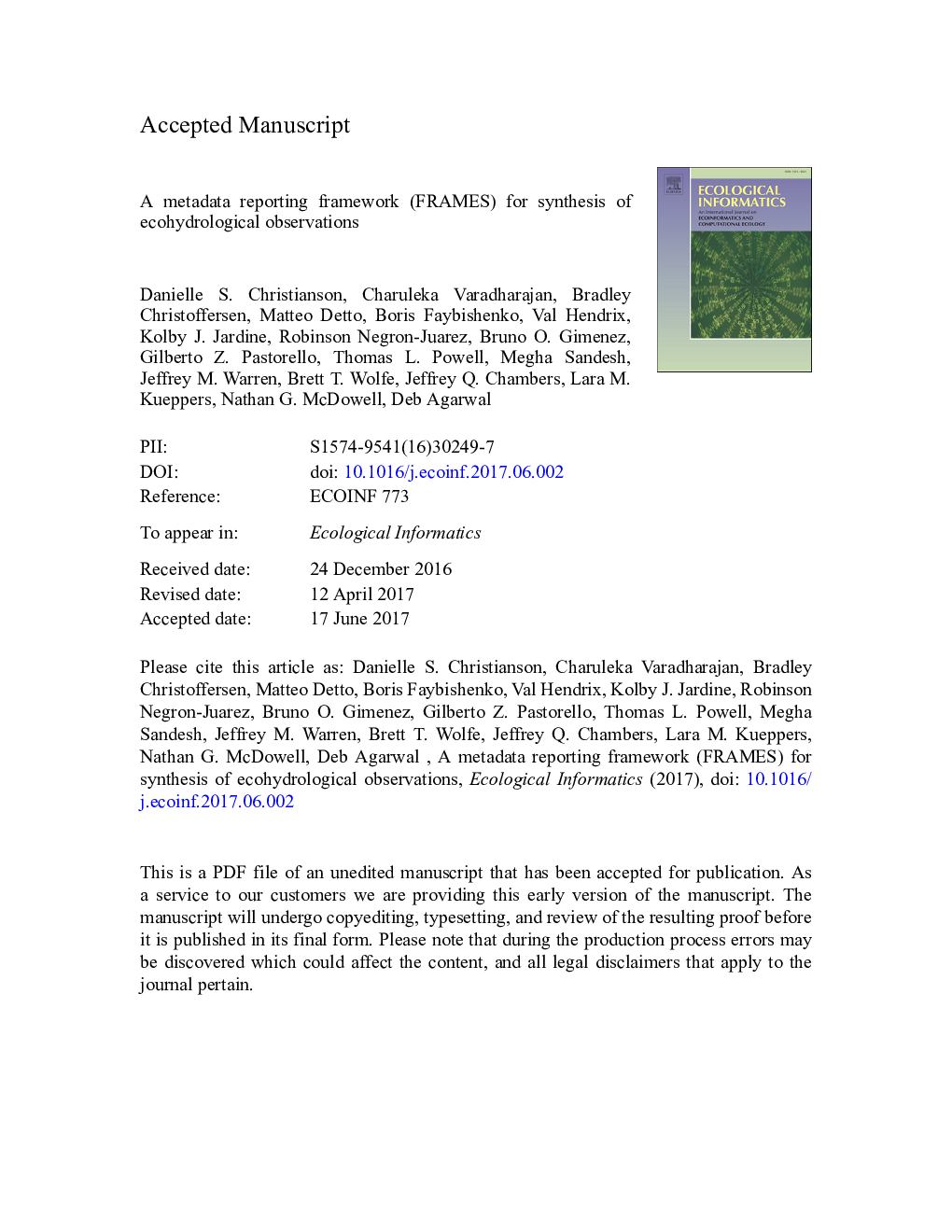 A metadata reporting framework (FRAMES) for synthesis of ecohydrological observations