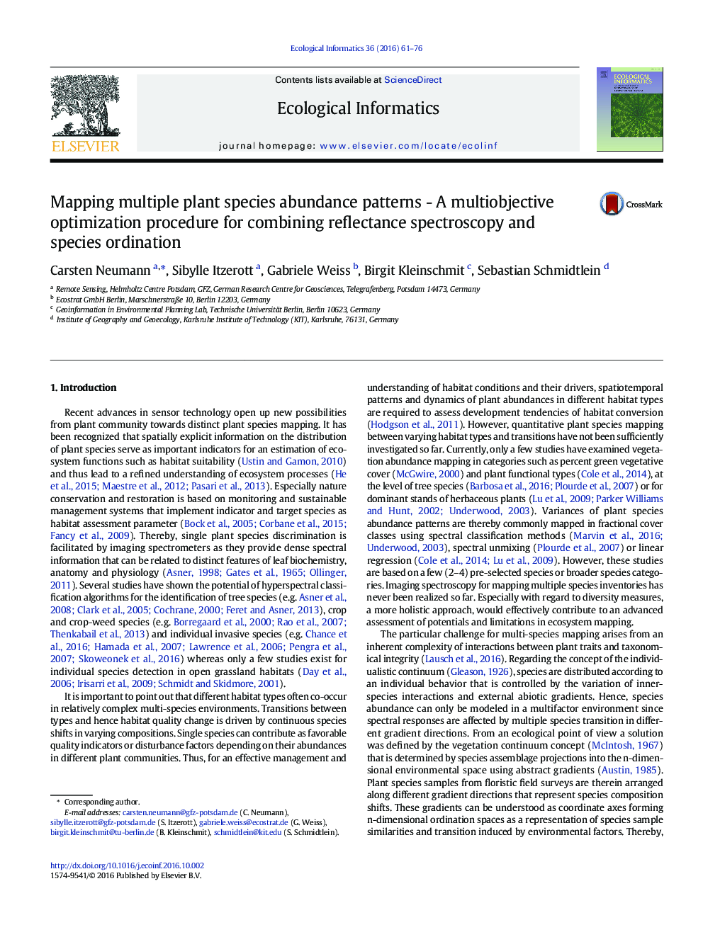 Mapping multiple plant species abundance patterns - A multiobjective optimization procedure for combining reflectance spectroscopy and species ordination