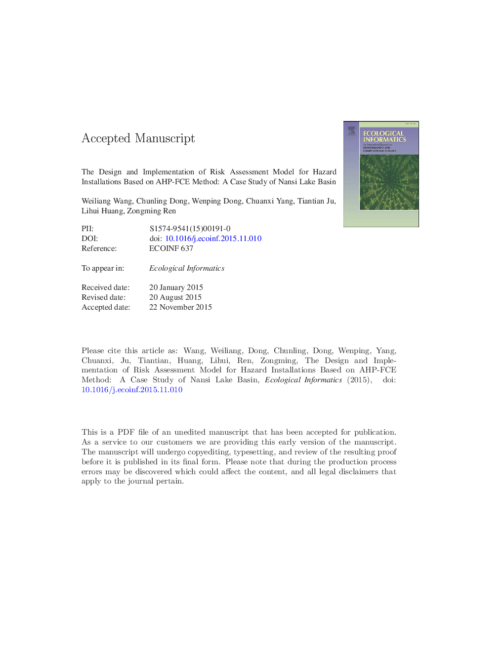 The design and implementation of risk assessment model for hazard installations based on AHP-FCE method: A case study of Nansi Lake Basin