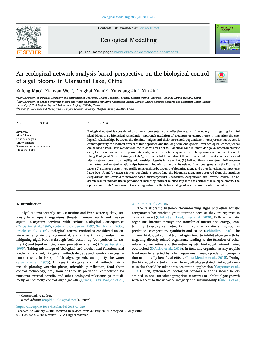 An ecological-network-analysis based perspective on the biological control of algal blooms in Ulansuhai Lake, China