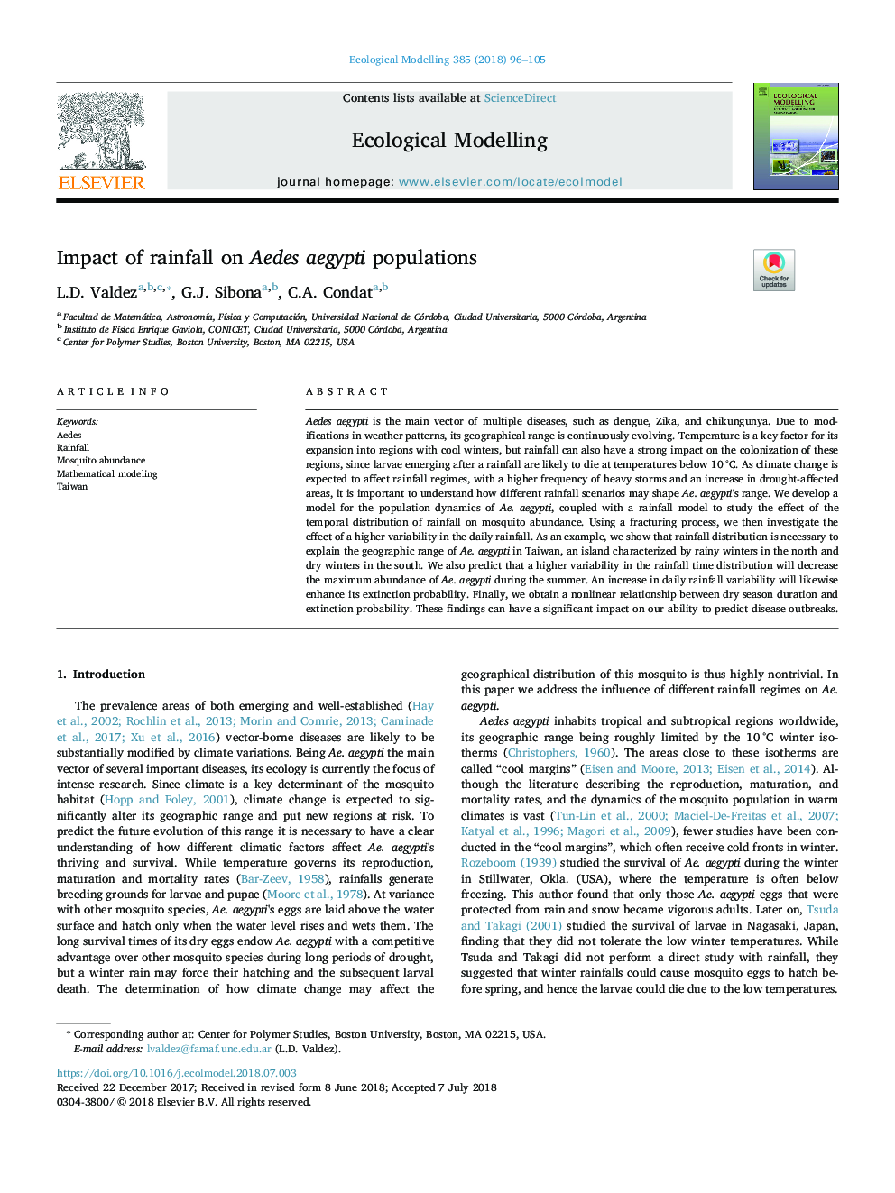 Impact of rainfall on Aedes aegypti populations