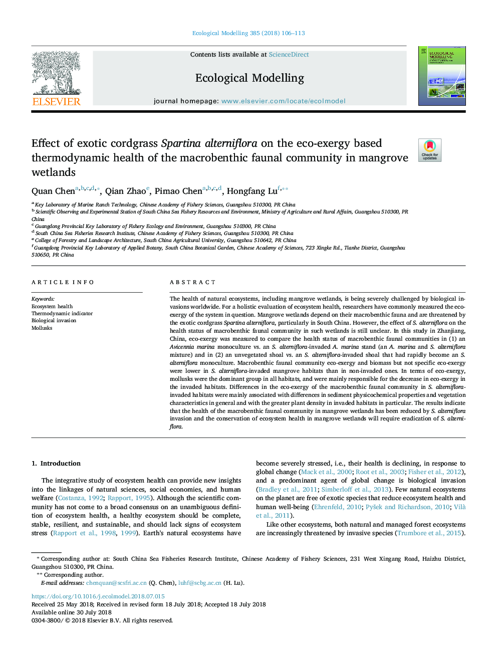 Effect of exotic cordgrass Spartina alterniflora on the eco-exergy based thermodynamic health of the macrobenthic faunal community in mangrove wetlands