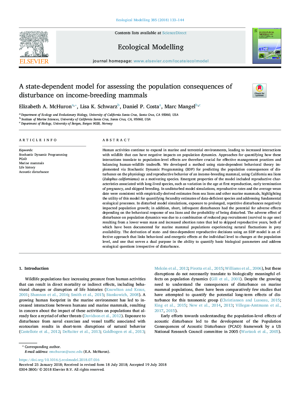 A state-dependent model for assessing the population consequences of disturbance on income-breeding mammals