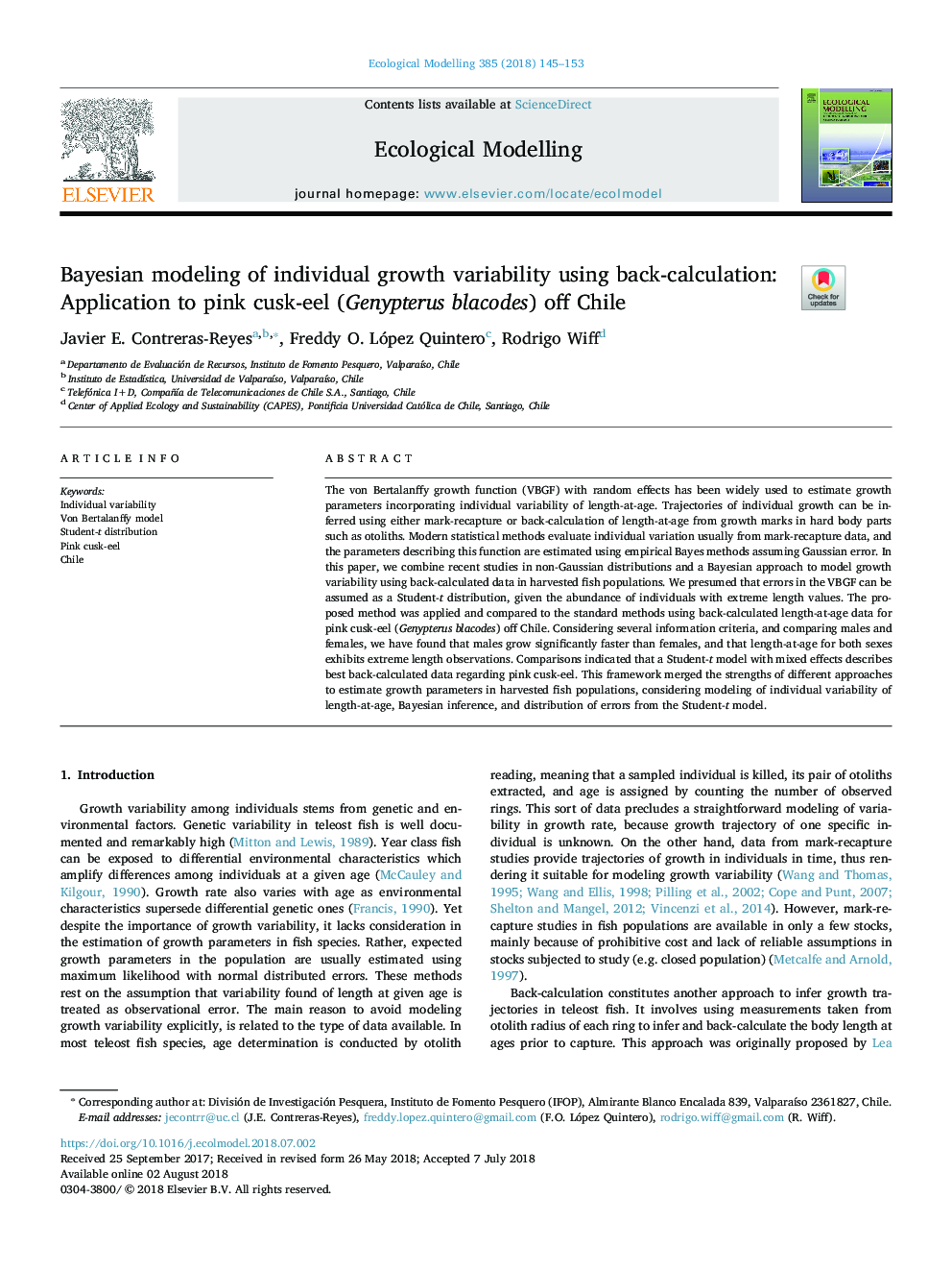 Bayesian modeling of individual growth variability using back-calculation: Application to pink cusk-eel (Genypterus blacodes) off Chile