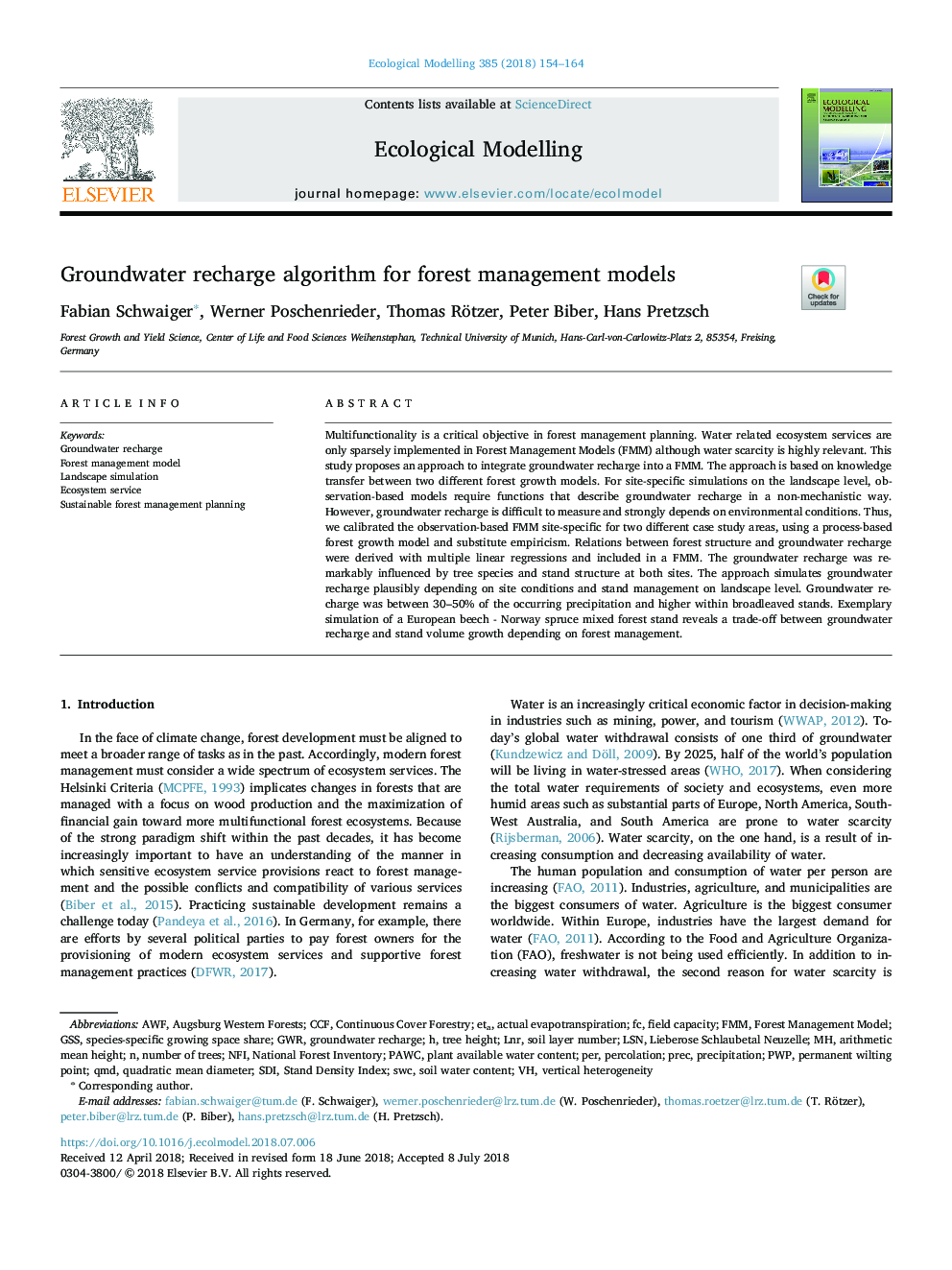 Groundwater recharge algorithm for forest management models