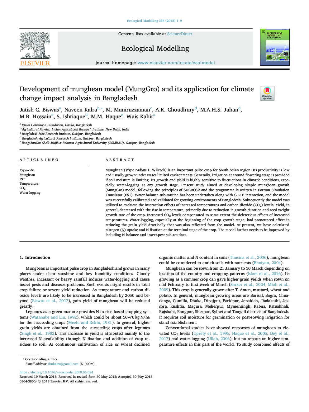 Development of mungbean model (MungGro) and its application for climate change impact analysis in Bangladesh