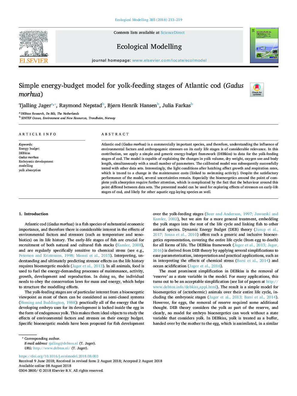 Simple energy-budget model for yolk-feeding stages of Atlantic cod (Gadus morhua)