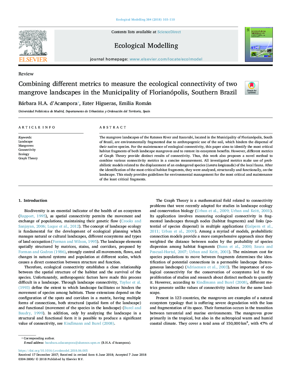 Combining different metrics to measure the ecological connectivity of two mangrove landscapes in the Municipality of Florianópolis, Southern Brazil