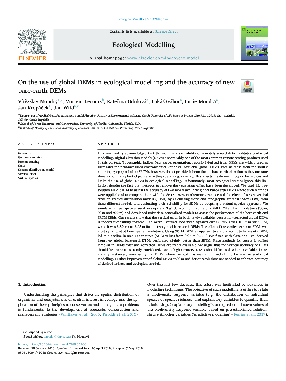 On the use of global DEMs in ecological modelling and the accuracy of new bare-earth DEMs