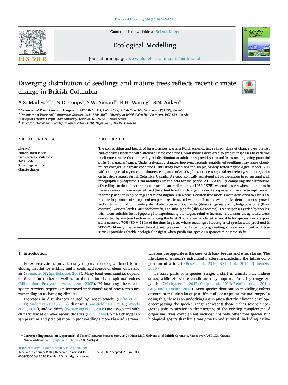 Diverging distribution of seedlings and mature trees reflects recent climate change in British Columbia