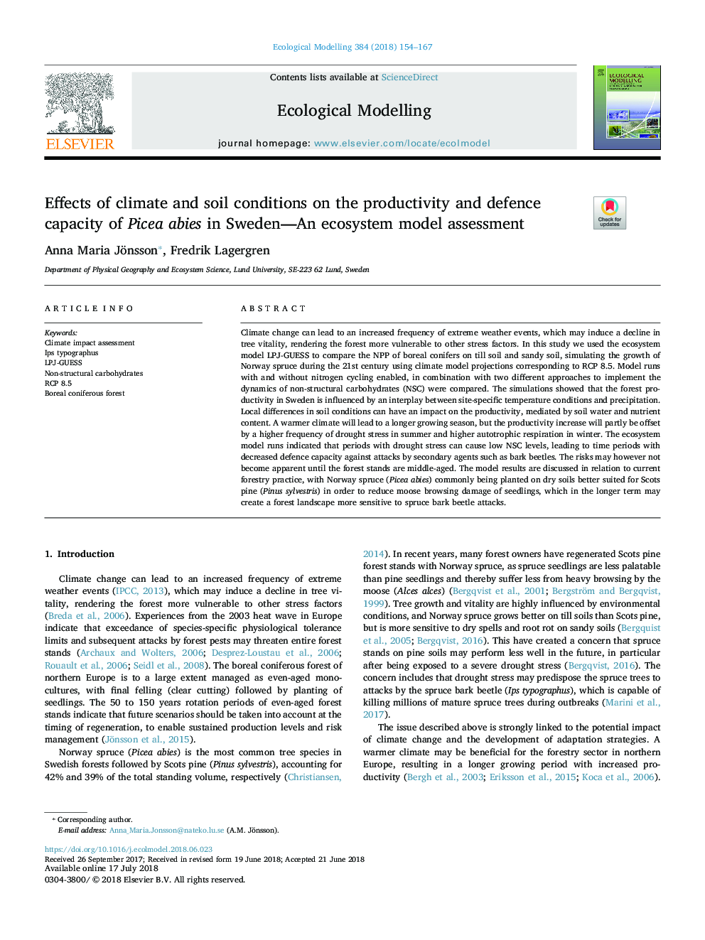 Effects of climate and soil conditions on the productivity and defence capacity of Picea abies in Sweden-An ecosystem model assessment