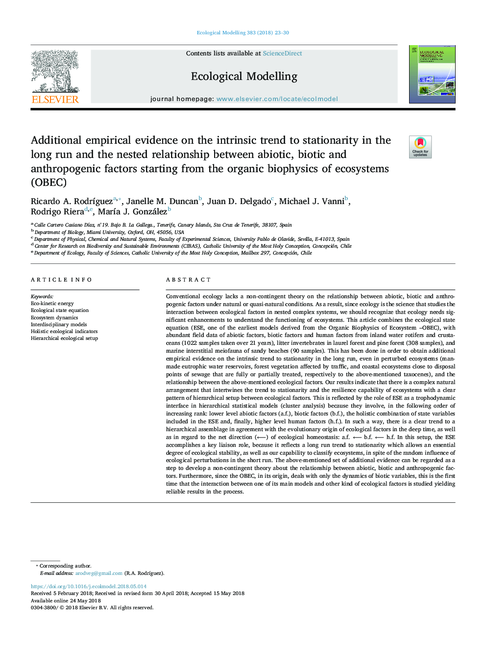 Additional empirical evidence on the intrinsic trend to stationarity in the long run and the nested relationship between abiotic, biotic and anthropogenic factors starting from the organic biophysics of ecosystems (OBEC)