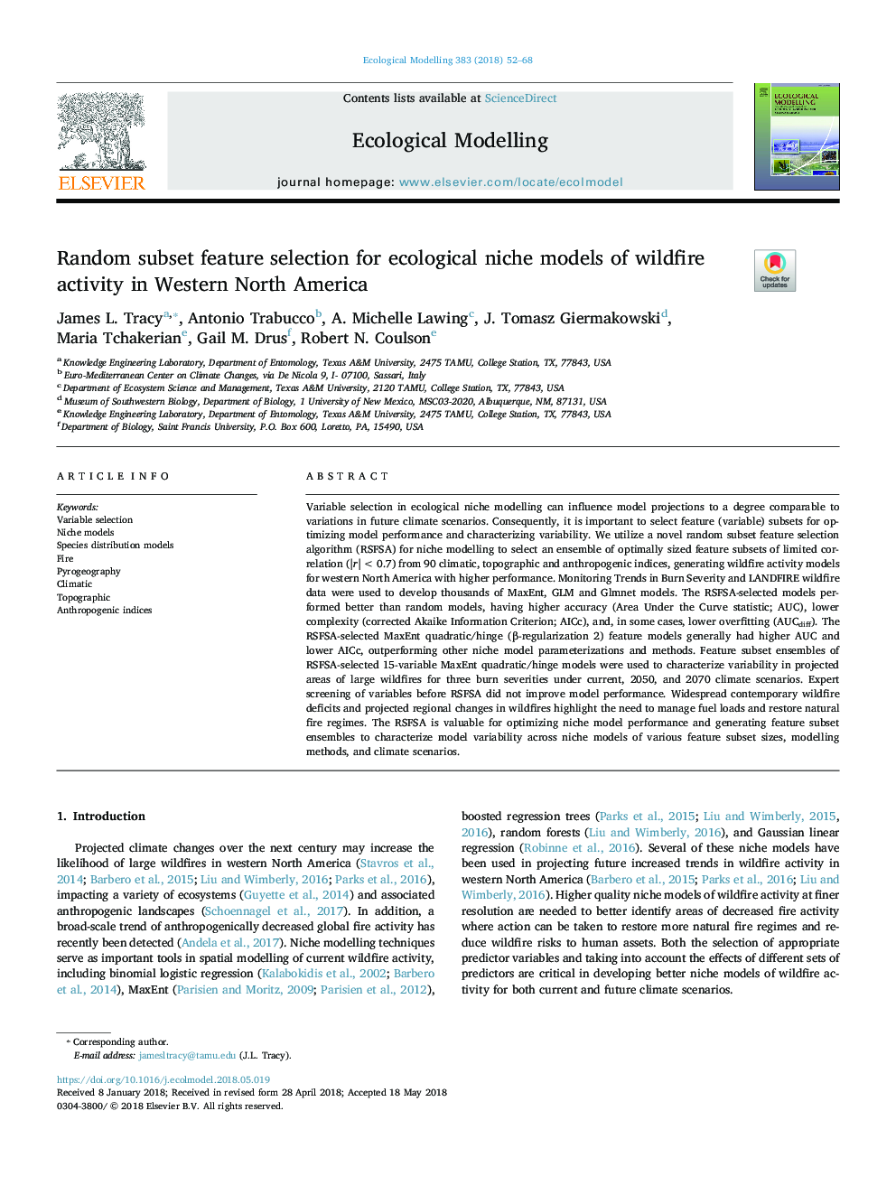 Random subset feature selection for ecological niche models of wildfire activity in Western North America