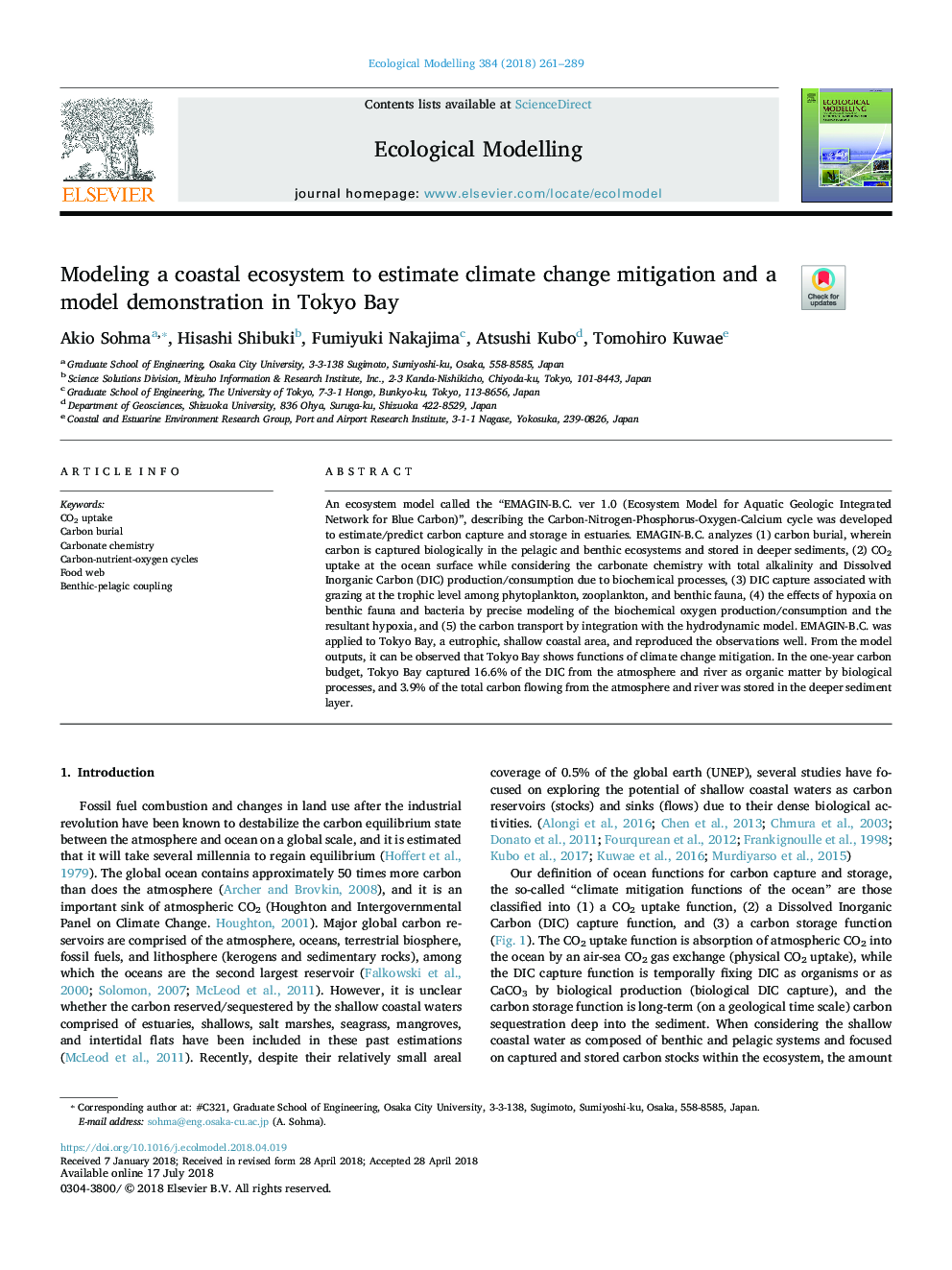 Modeling a coastal ecosystem to estimate climate change mitigation and a model demonstration in Tokyo Bay