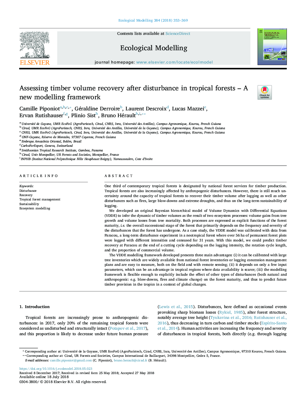 Assessing timber volume recovery after disturbance in tropical forests - A new modelling framework