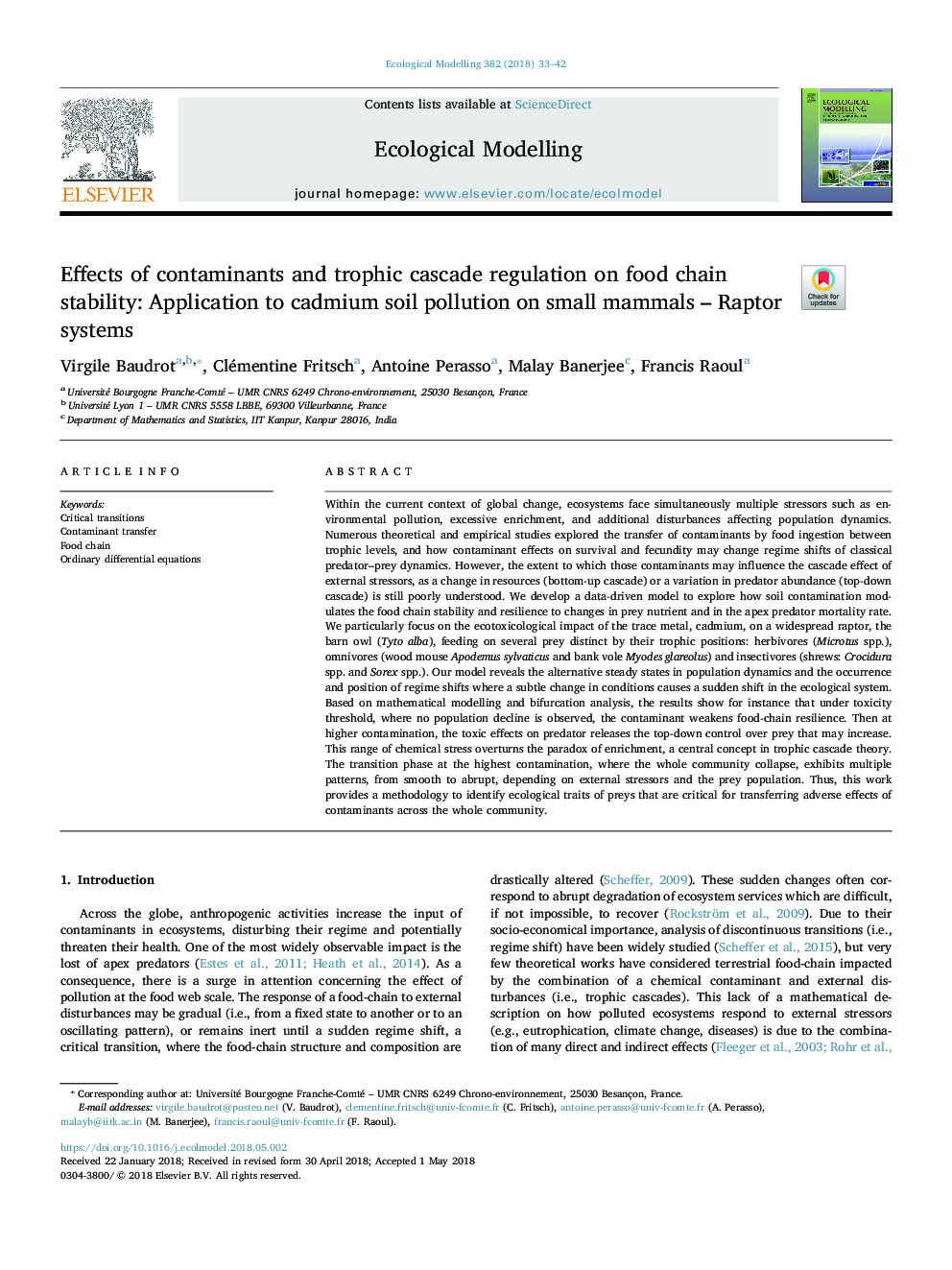 Effects of contaminants and trophic cascade regulation on food chain stability: Application to cadmium soil pollution on small mammals - Raptor systems