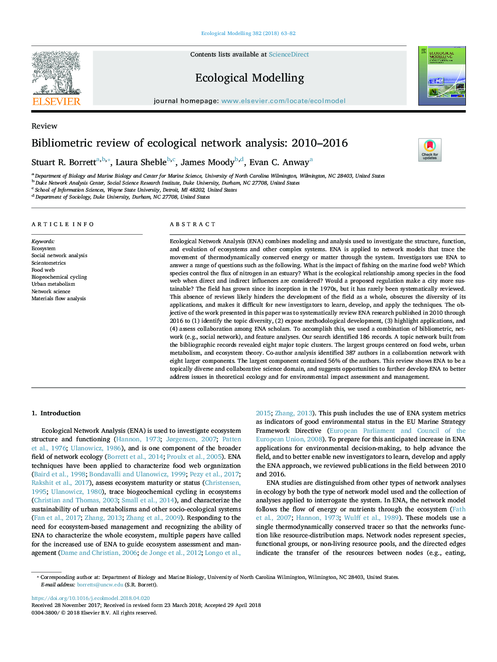 Bibliometric review of ecological network analysis: 2010-2016