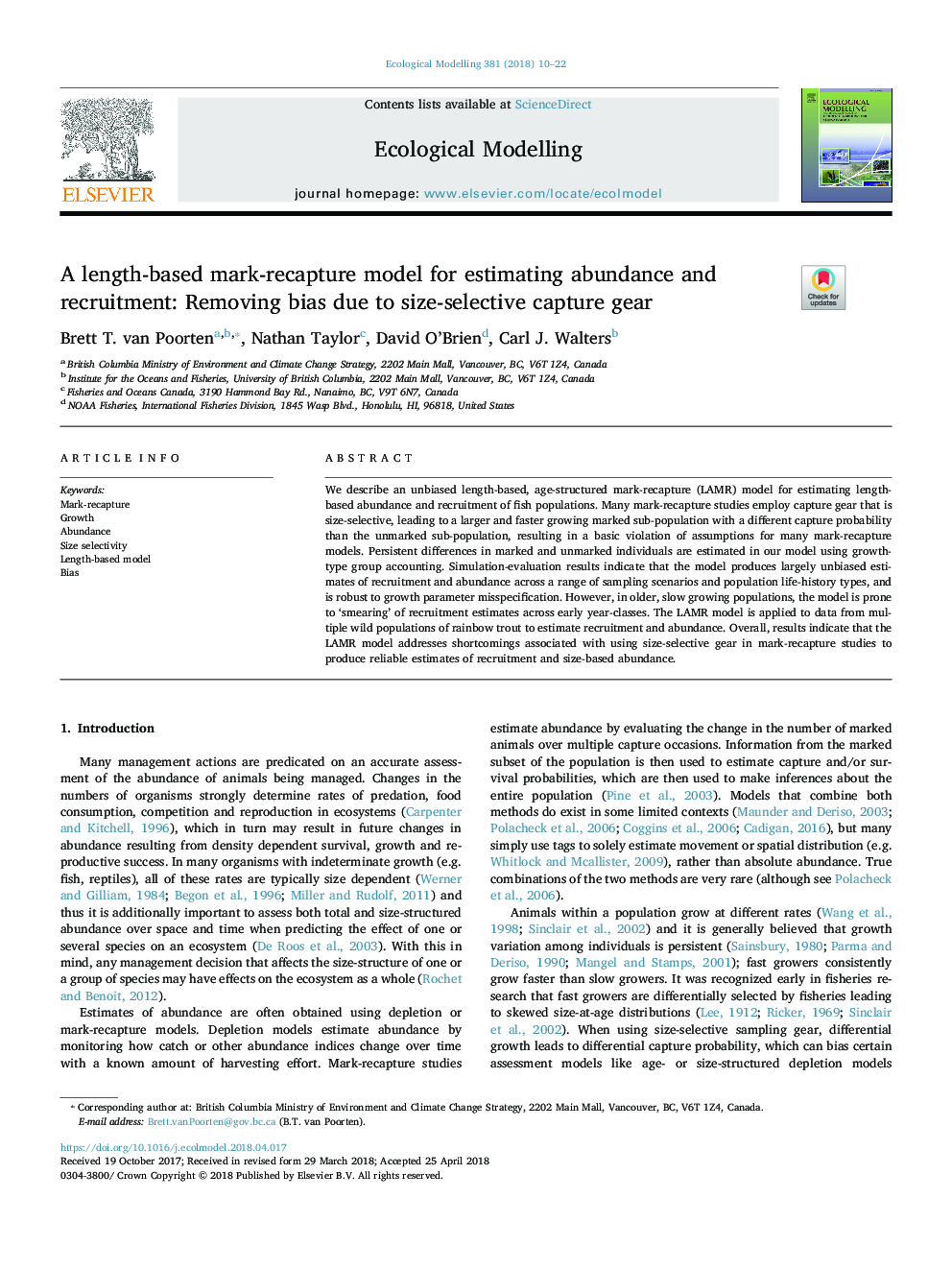 A length-based mark-recapture model for estimating abundance and recruitment: Removing bias due to size-selective capture gear