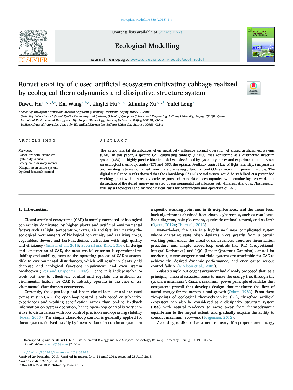 Robust stability of closed artificial ecosystem cultivating cabbage realized by ecological thermodynamics and dissipative structure system