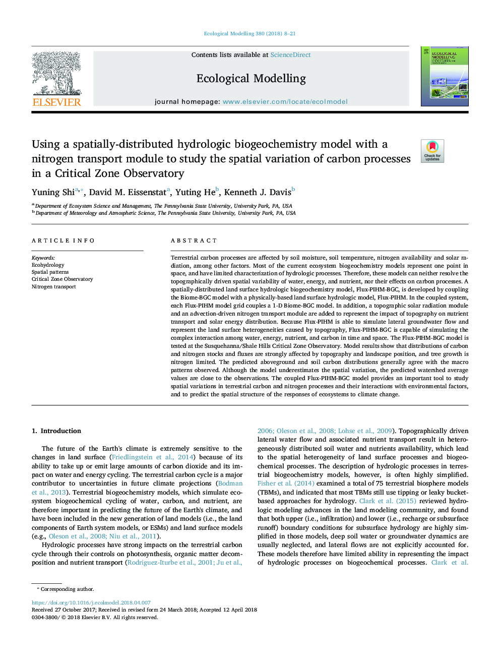 Using a spatially-distributed hydrologic biogeochemistry model with a nitrogen transport module to study the spatial variation of carbon processes in a Critical Zone Observatory